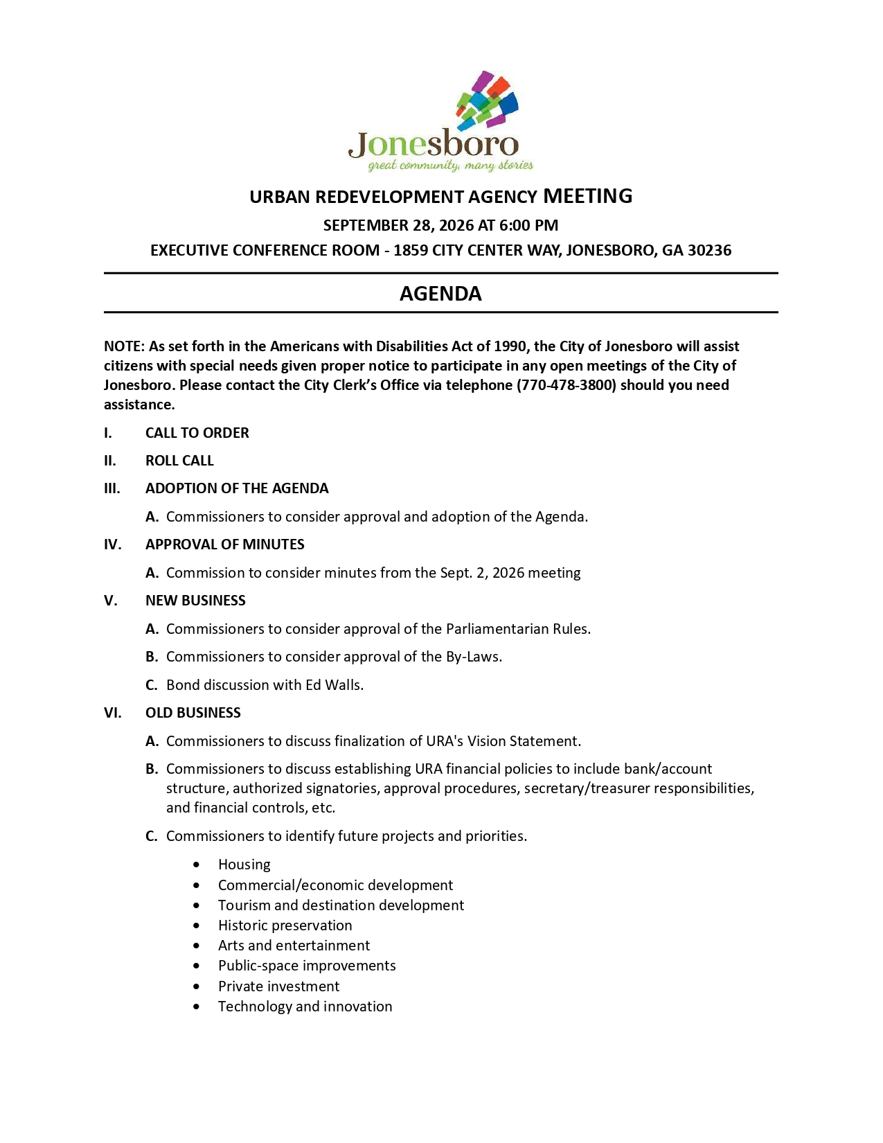 Urban Redevelopment Agency Meeting Agenda